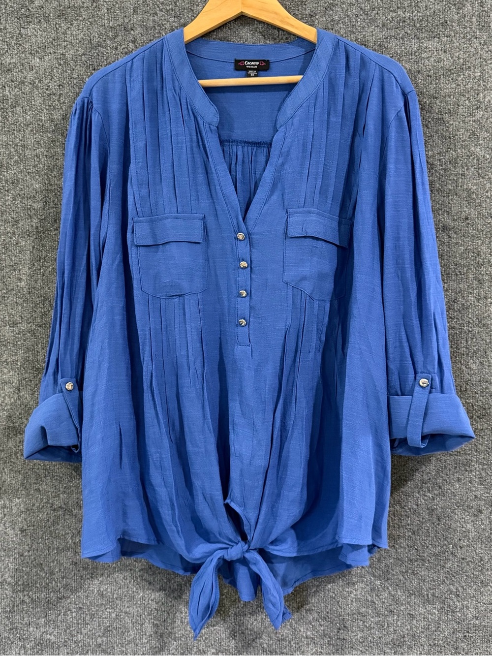 Cocomo Womens 3/4 Tab Sleeve Tie Front Top Size 3X Blue V Neck Office Casual